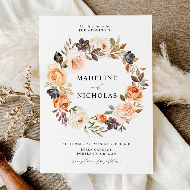 Watercolor Rustic Fall Floral Wreath Wedding Invitation (Creator Uploaded)