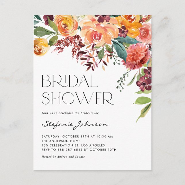 Watercolor Rustic Fall Flowers Bridal Shower Invitation Postcard (Front)