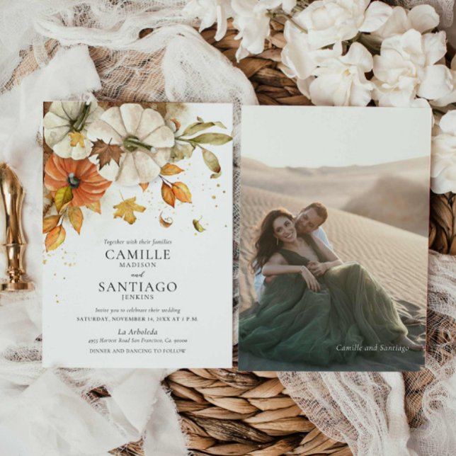 Watercolor Rustic Fall Photo Wedding Invitation (Elegant Autumn Foliage Wedding Invitation)