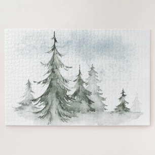 Watercolor Rustic Fir Trees Forest Winter Jigsaw Puzzle