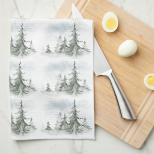 Watercolor Rustic Fir Trees Forest Winter Tea Towel
