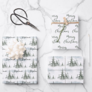 Watercolor Rustic Fir Trees Forest Winter Wrapping Paper Sheet