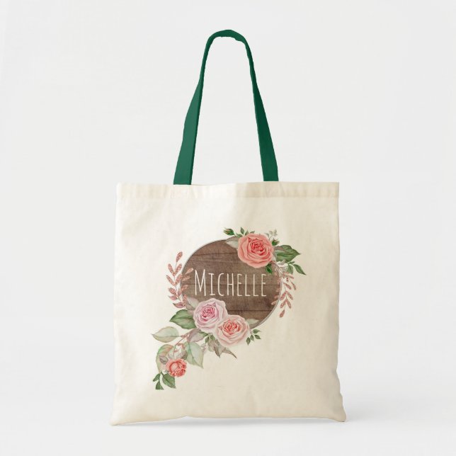Watercolor Rustic Floral Name Tote Bag (Front)