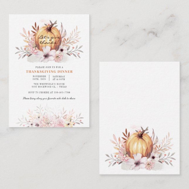 Watercolor Rustic Floral Pumpkin Thanksgiving Card (Front/Back)