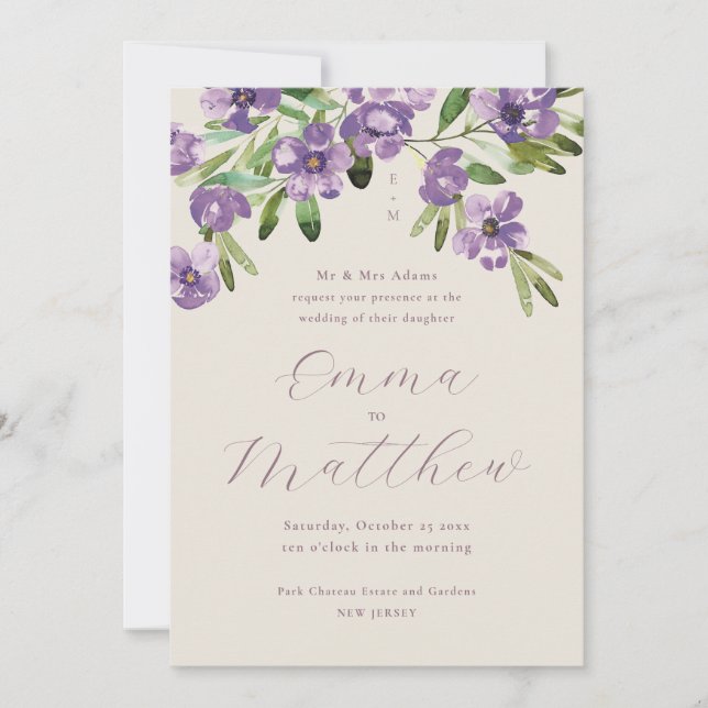 Watercolor Rustic Flowers Purple Wedding Invitation (Front)