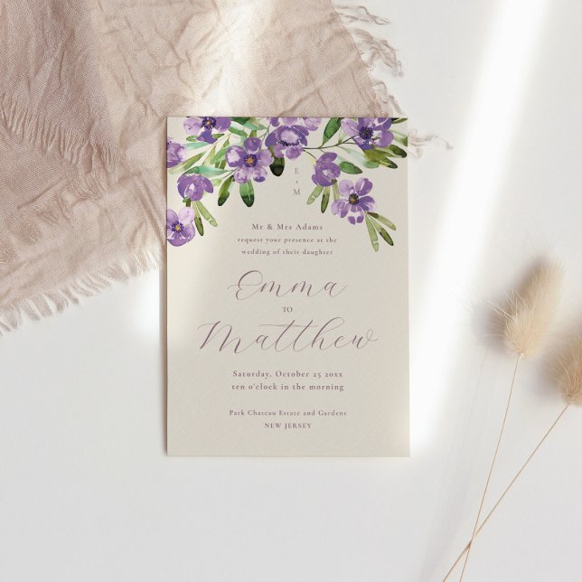 Watercolor Rustic Flowers Purple Wedding Invitation (Creator Uploaded)