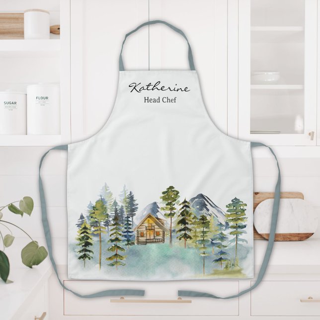 Watercolor Rustic Foggy Forest Mountain Cabin Apron (In situ)