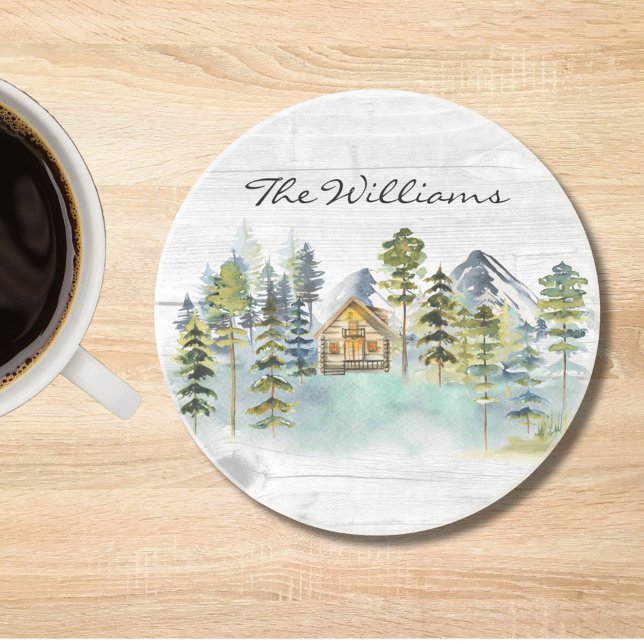 Watercolor Rustic Foggy Forest Mountain Cabin Coaster (In situ)