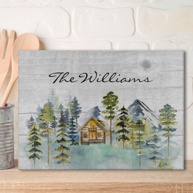 Watercolor Rustic Foggy Forest Mountain Cabin Cutting Board (In situ)