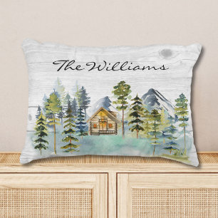Watercolor Rustic Foggy Forest Mountain Cabin Decorative Cushion