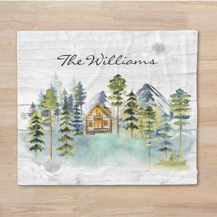 Watercolor Rustic Foggy Forest Mountain Cabin Fleece Blanket