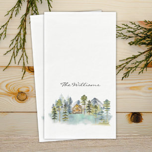 Watercolor Rustic Foggy Forest Mountain Cabin Napkin