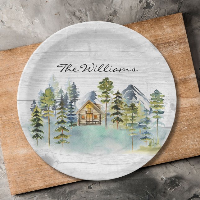 Watercolor Rustic Foggy Forest Mountain Cabin Paper Plate (In situ)