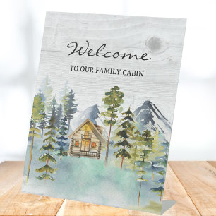 Watercolor Rustic Foggy Forest Mountain Cabin Pedestal Sign