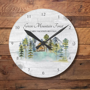Watercolor Rustic Foggy Forest Mountain Cabin Round Clock