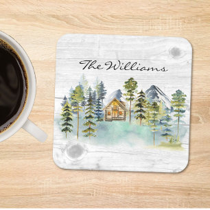 Watercolor Rustic Foggy Forest Mountain Cabin Square Paper Coaster