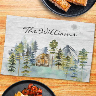 Watercolor Rustic Foggy Forest Mountain Cabin Tea Towel