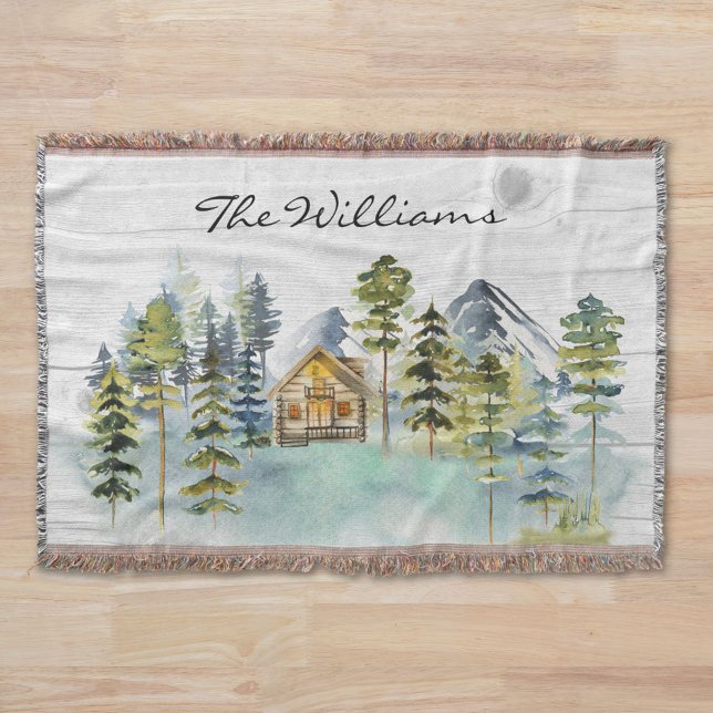 Watercolor Rustic Foggy Forest Mountain Cabin Throw Blanket (Close up)