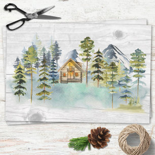 Watercolor Rustic Foggy Forest Mountain Cabin Tissue Paper