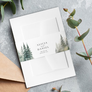 Watercolor rustic forest mountain wedding invitation belly band