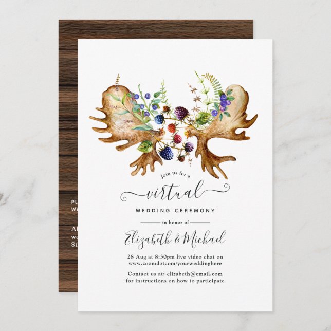 Watercolor Rustic Forest Online Virtual Wedding Invitation (Front/Back)