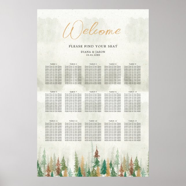 Watercolor Rustic forest pine trees seating chart (Front)