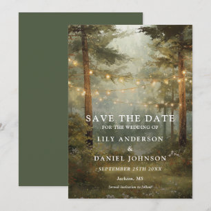 Watercolor Rustic Forest String Lights Wedding Save The Date