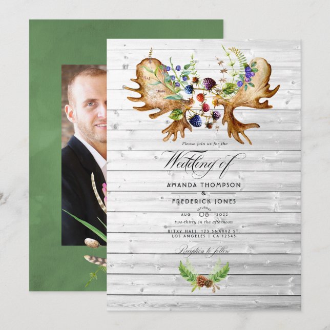 Watercolor Rustic Forest Wedding Photo Invitation (Front/Back)