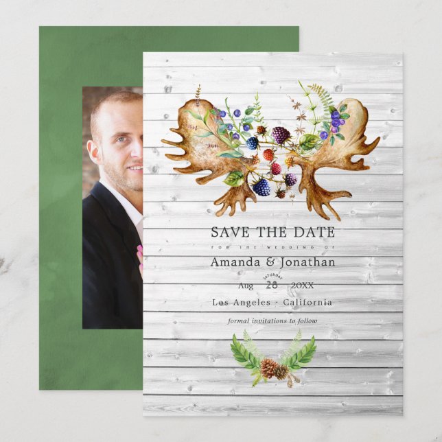 Watercolor Rustic Forest Wedding Photo Save The Date (Front/Back)