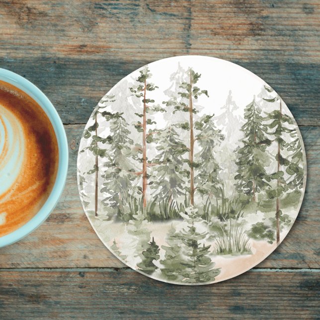 Watercolor Rustic Green Forest Coaster (In situ)