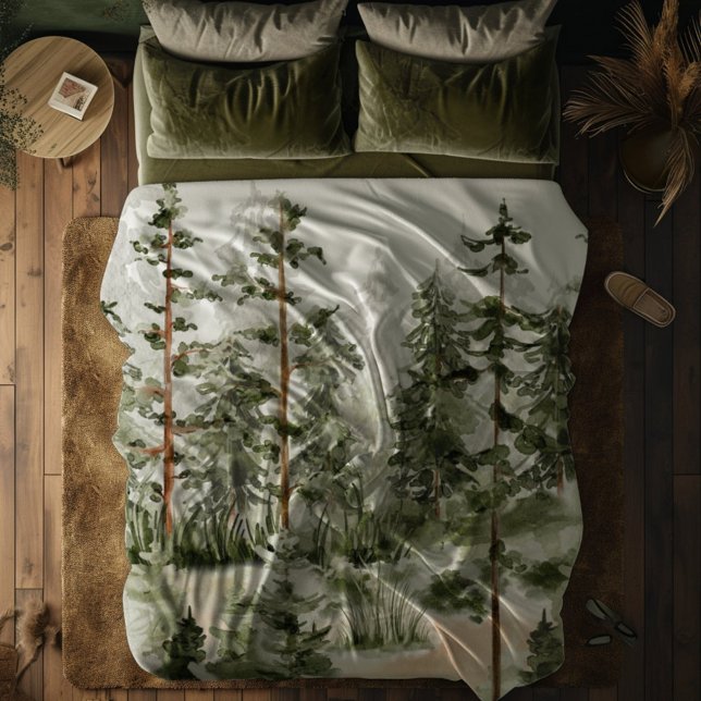 Watercolor Rustic Green Forest Fleece Blanket (In situ)