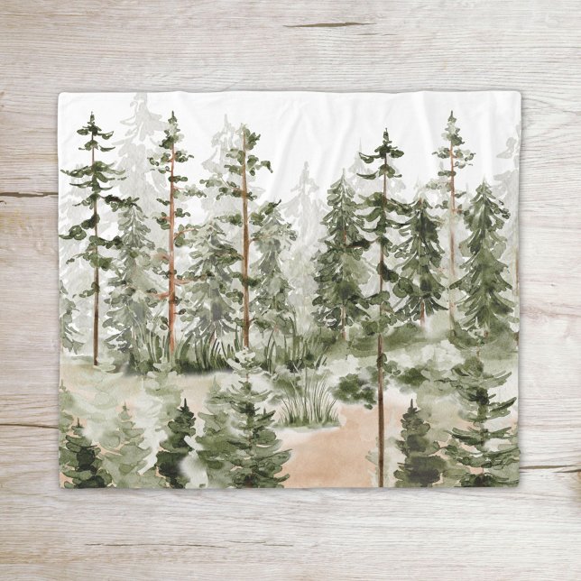 Watercolor Rustic Green Forest Fleece Blanket (Close up on wood)