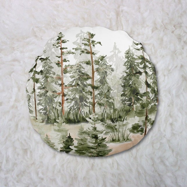 Watercolor Rustic Green Forest Round Cushion (In situ)