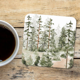 Watercolor Rustic Green Forest Square Paper Coaster