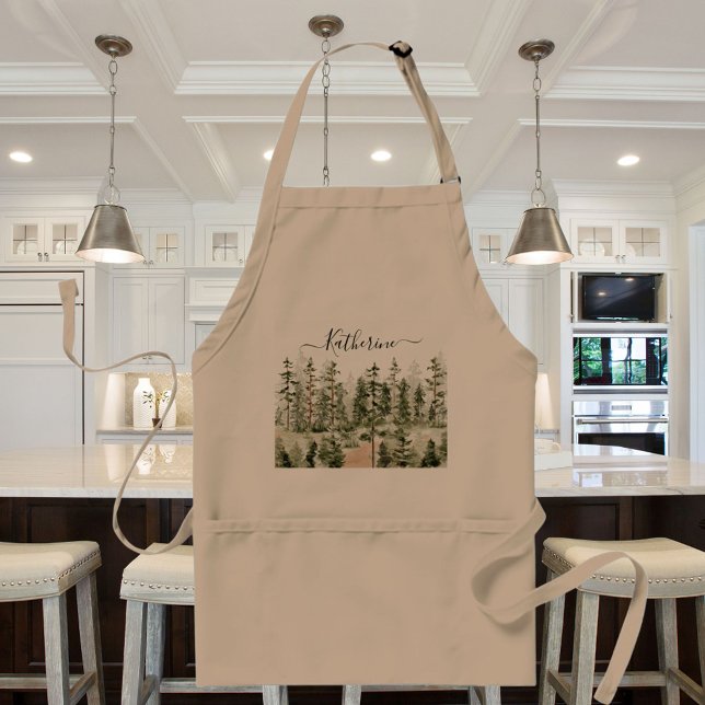Watercolor Rustic Green Forest Standard Apron (In situ)