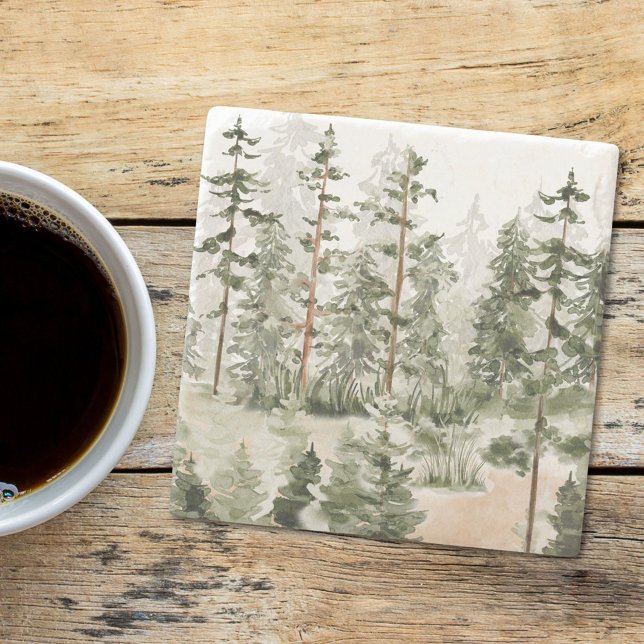 Watercolor Rustic Green Forest Stone Coaster (In situ)