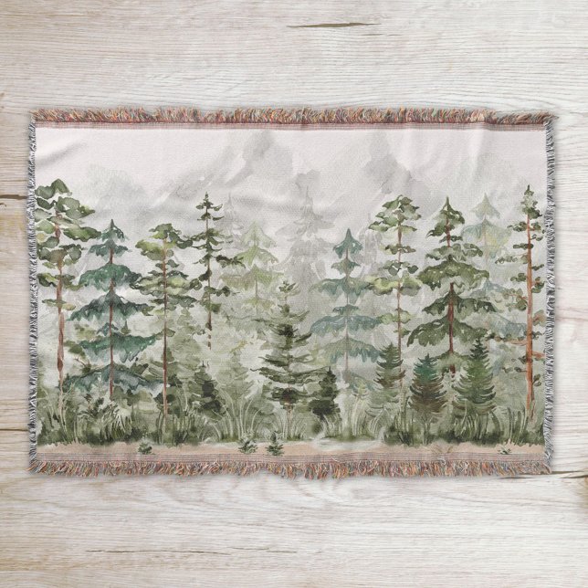 Watercolor Rustic Green Forest Throw Blanket (Close up on wood)