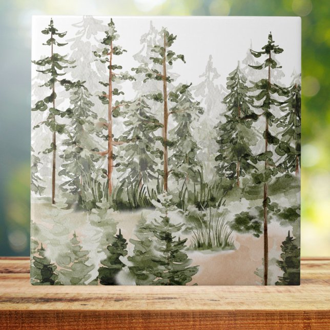 Watercolor Rustic Green Forest Tile (Close up)