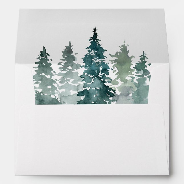 Watercolor Rustic Green Pine Trees Forest Wedding  Envelope (Back (Bottom))