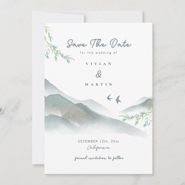Watercolor Rustic Greenery Mountain Save The Date Invitation (Front)