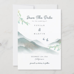 Watercolor Rustic Greenery Mountain Save The Date Invitation