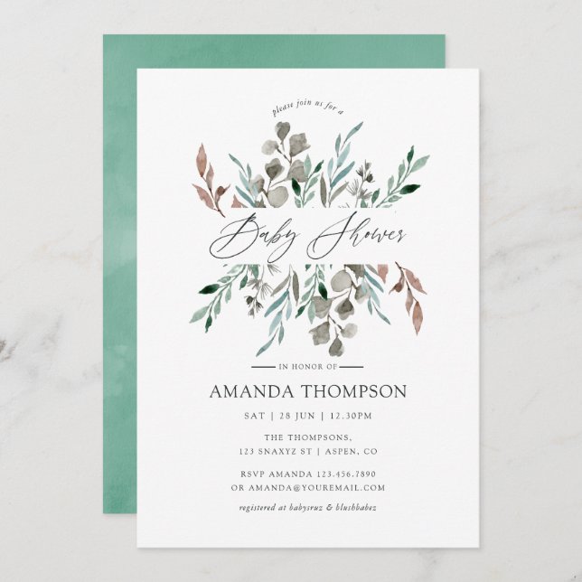 Watercolor Rustic Greenery Winter Baby Shower Invitation (Front/Back)