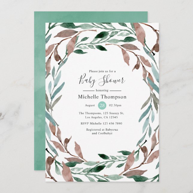 Watercolor Rustic Greenery Winter Baby Shower Invitation (Front/Back)