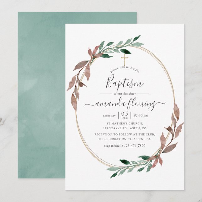 Watercolor Rustic Greenery Winter Baptism Invitation (Front/Back)