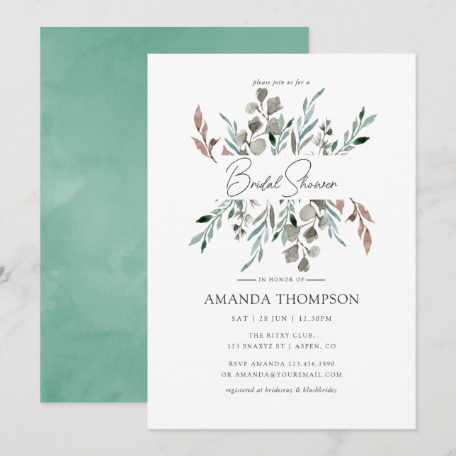 Watercolor Rustic Greenery Winter Bridal Shower Invitation (Front/Back)