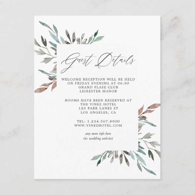 Watercolor Rustic Greenery Winter Guest Details Enclosure Card (Front)