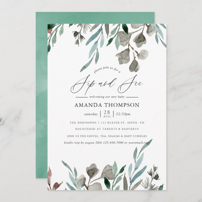 Watercolor Rustic Greenery Winter Sip and See Invitation (Front/Back)