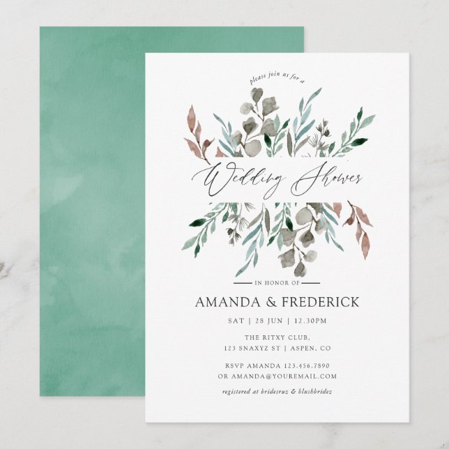 Watercolor Rustic Greenery Winter Wedding Shower Invitation (Front/Back)