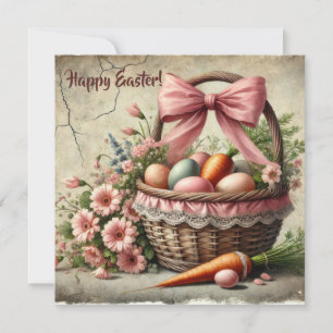 Watercolor rustic lace basket with pastel eggs holiday card