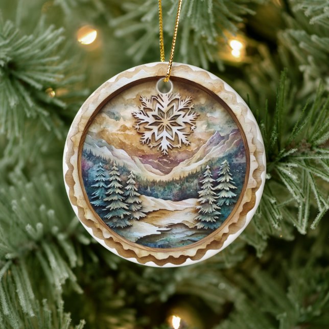 Watercolor Rustic Mountain  Ceramic Tree Decoration (Tree)